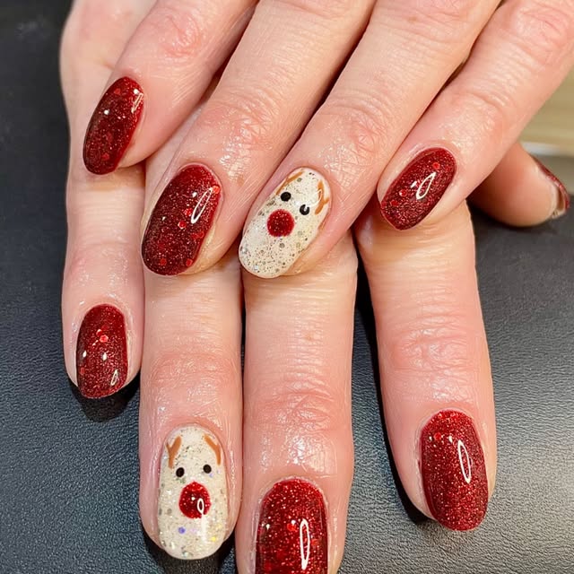 Red glitter Christmas nails with reindeer