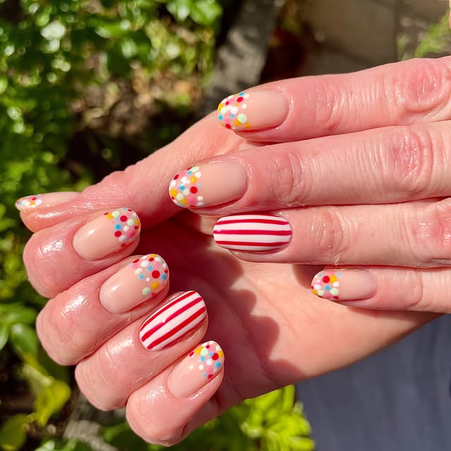 Polka dot and candy stripe nails